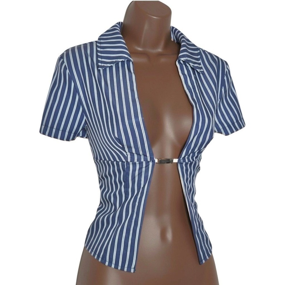 New‎ XS Blue Pinstripe Short Sleeve Open Front Crop Top Metal Clasp Closure